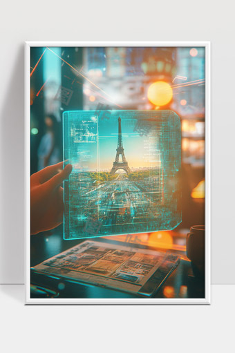 未来科技城市中虚拟现实展示埃菲尔铁塔的智能设备屏幕