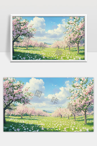 春日花海绽放满园桃花与蓝天白云美景