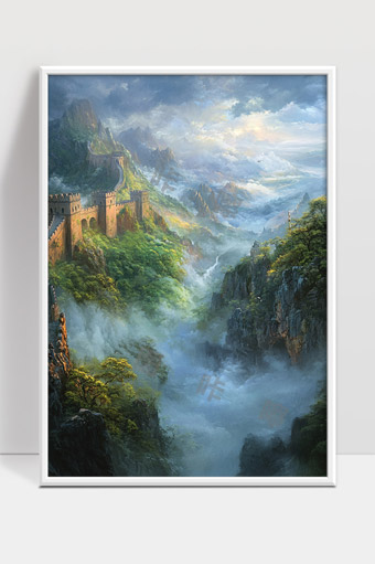 巍峨长城蜿蜒山脉云雾缭绕壮丽自然风光