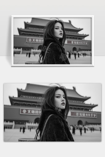 天安门前黑白时尚女性肖像现代都市风情