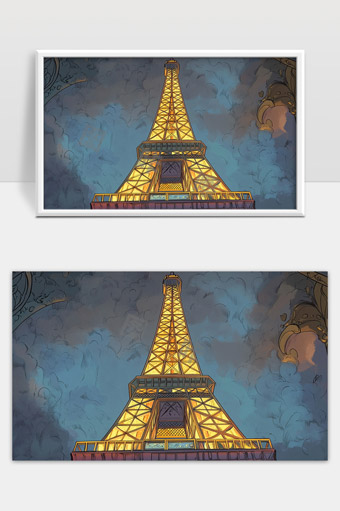 巴黎埃菲尔铁塔夜景灯光璀璨艺术插画