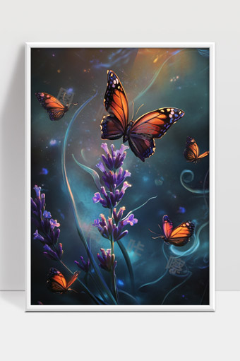 梦幻光影中的紫色薰衣草与橙色蝴蝶飞舞