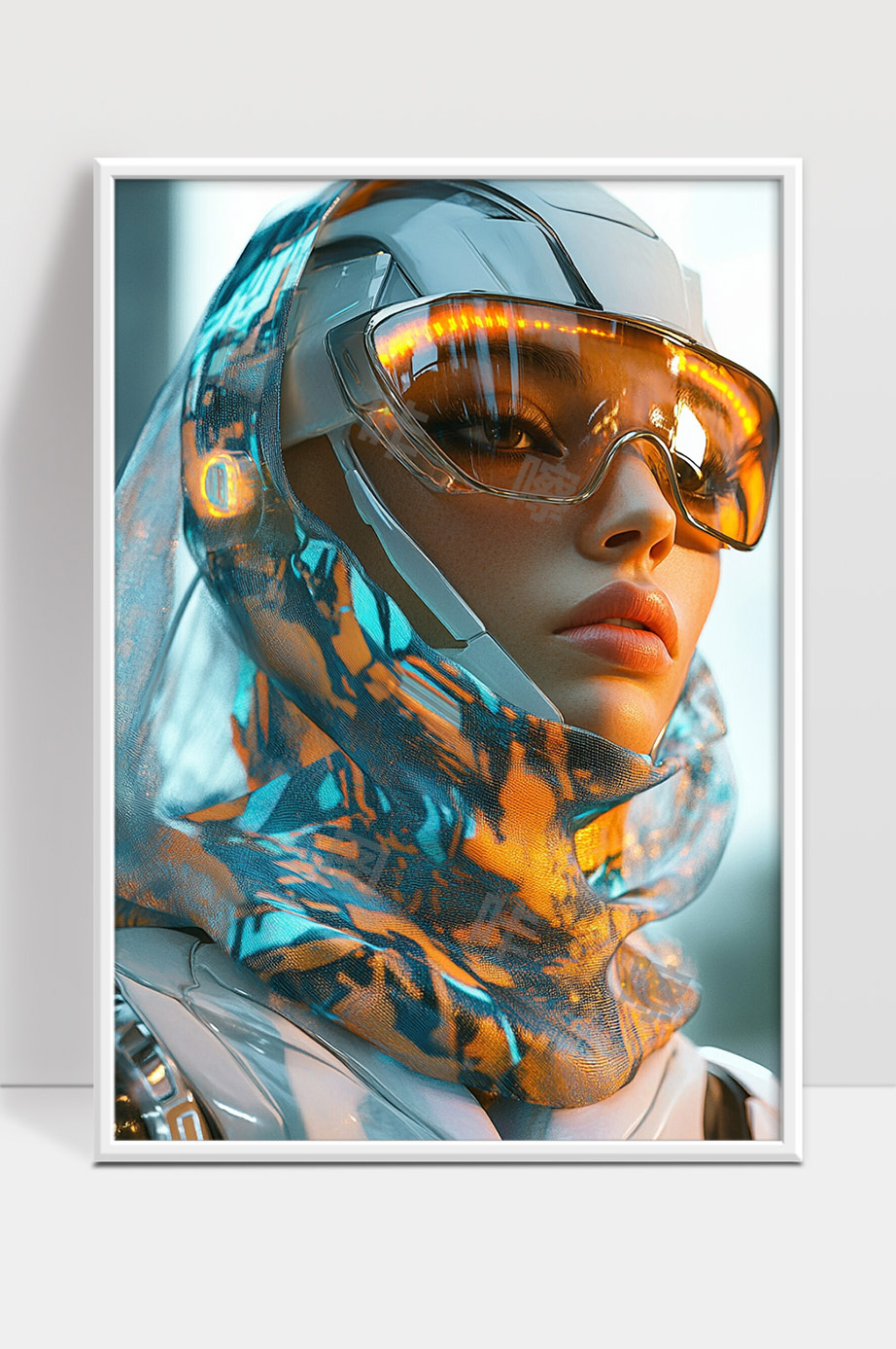 未来科技女性机器人头戴智能护目镜特写