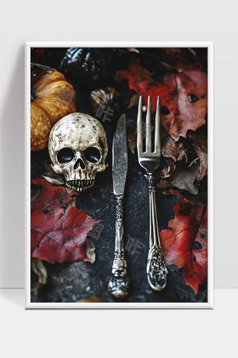 万圣节主题骷髅装饰刀叉与枫叶南瓜背景