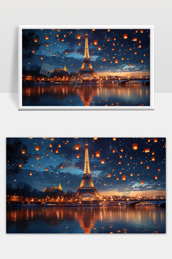 巴黎埃菲尔铁塔夜景灯笼飞天浪漫唯美风光