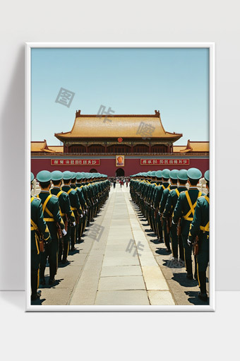 北京天安门广场整齐列队仪仗队庄严肃穆场景