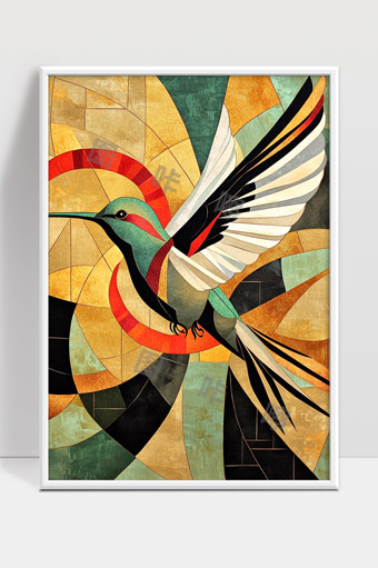 抽象几何风格彩色蜂鸟飞翔艺术画作