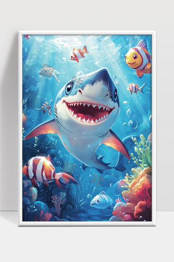 卡通海底鲨鱼与各种热带鱼的奇妙海洋世界