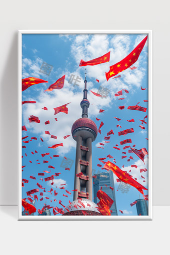 东方明珠塔上空飘扬的五星红旗庆祝盛况