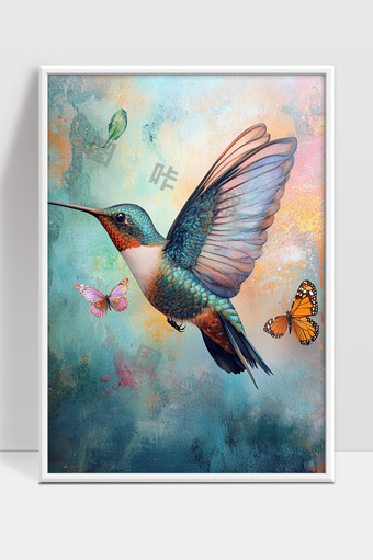 繁花蝶舞蜂鸟飞翔自然唯美艺术绘画