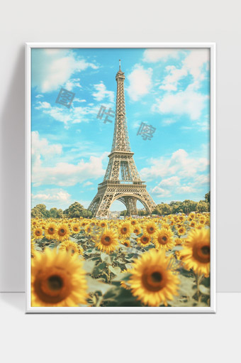 夏日向日葵花海中的巴黎埃菲尔铁塔美景