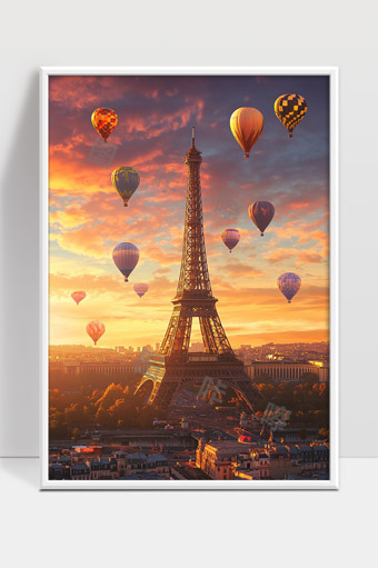 巴黎埃菲尔铁塔与热气球黄昏美景天空浪漫风光