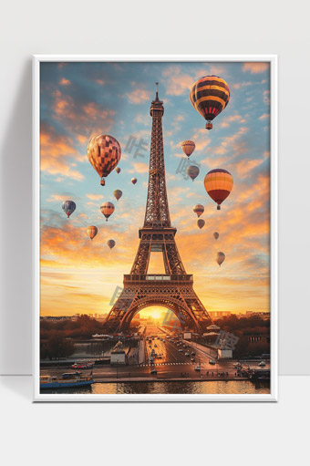 巴黎埃菲尔铁塔黄昏夕阳下的热气球飞行美景
