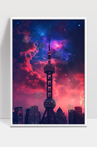 东方明珠夜景星空璀璨上海城市未来感画面