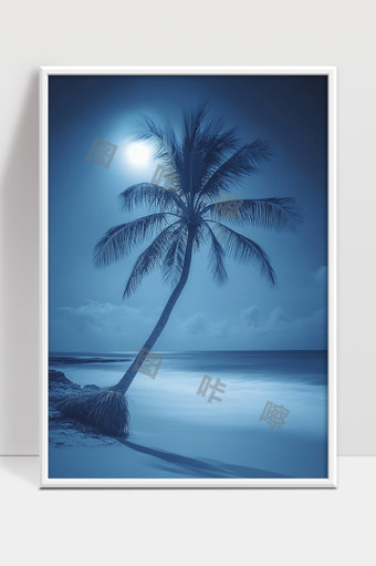 月光下孤独椰子树映照静谧海岸夜景