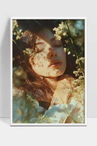阳光下花丛中少女闭眼感受自然宁静美好时光