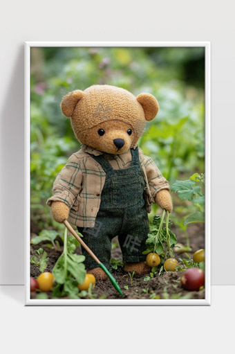 穿着园艺服饰的小熊玩偶在田园里采摘蔬果
