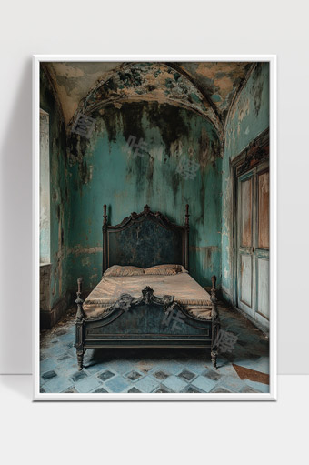 破旧房间内古老床铺墙面剥落岁月痕迹