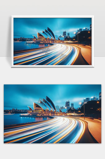 悉尼歌剧院夜景灯光流动城市现代建筑风光