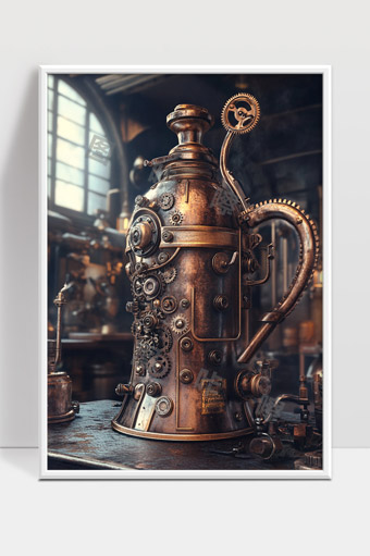 蒸汽朋克风格机械装置复古工业工坊场景