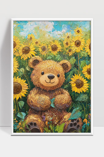 阳光下向日葵田中的可爱卡通小熊绘画