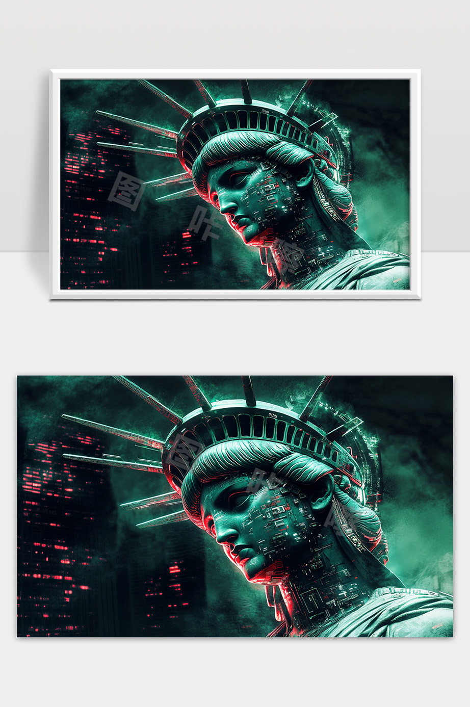 科技感自由女神像未来城市夜景数字文明融合