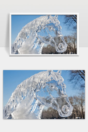 透明冰雕马头立体形态栩栩如生冬季户外景观