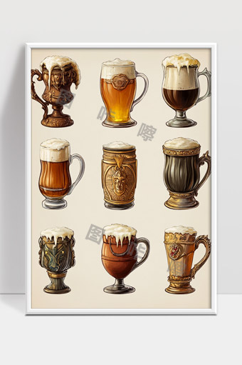 复古风格精美啤酒杯造型多样丰富艺术插画