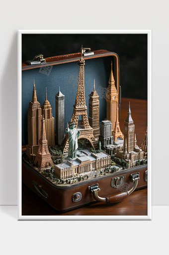 旅行箱中的世界著名建筑微缩模型展示
