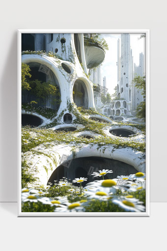 未来生态城市中融合自然的奇幻建筑景观