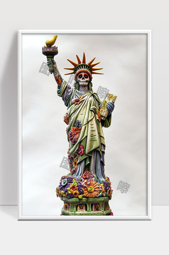 充满花朵骷髅装饰自由女神像艺术雕塑