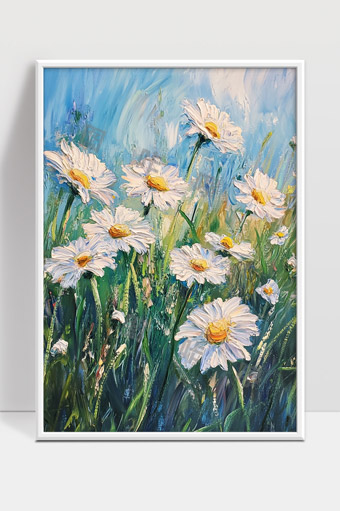 盛开在春日阳光下的白色花田油画