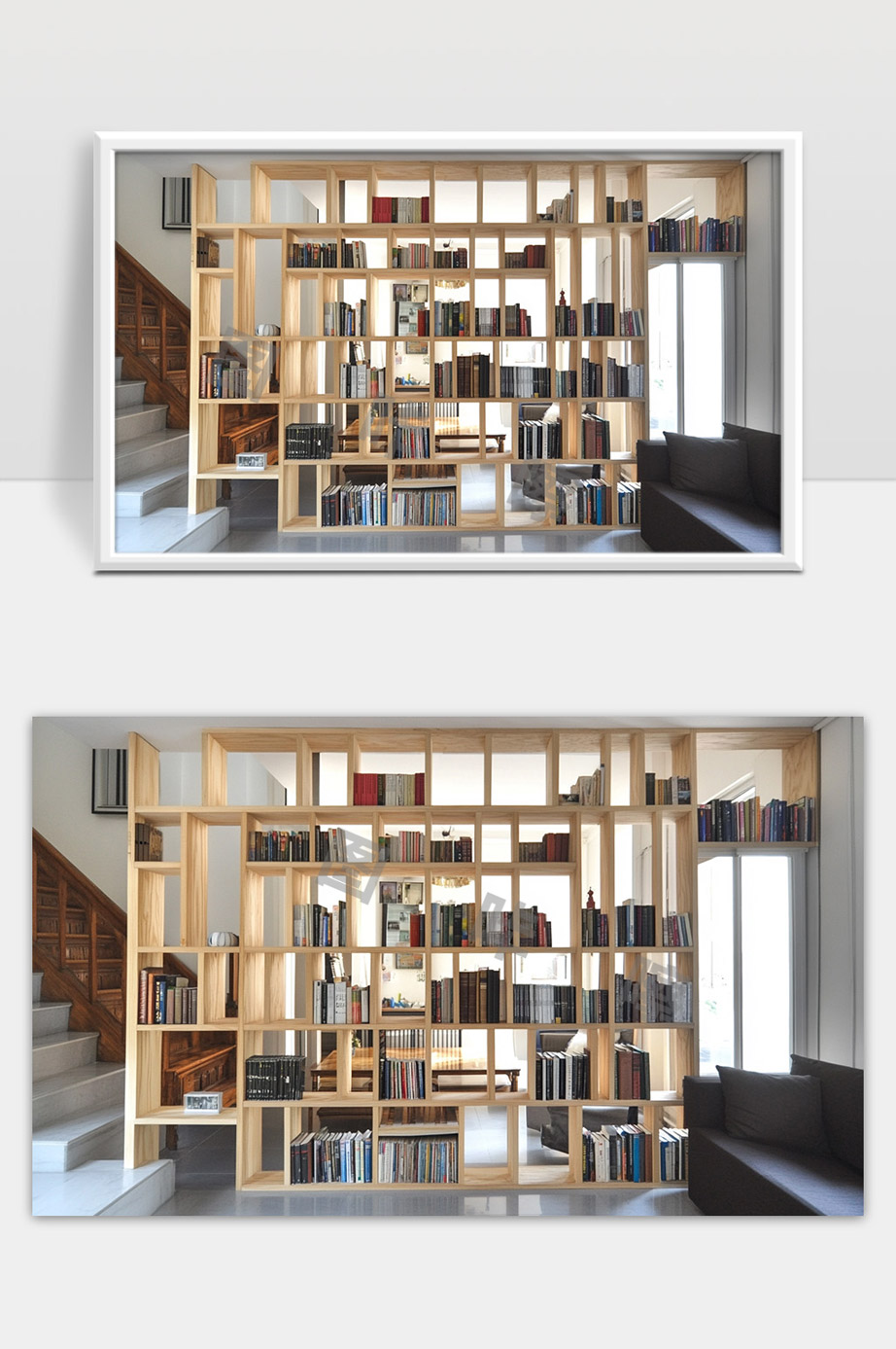 现代简约风格客厅木质开放式书架设计