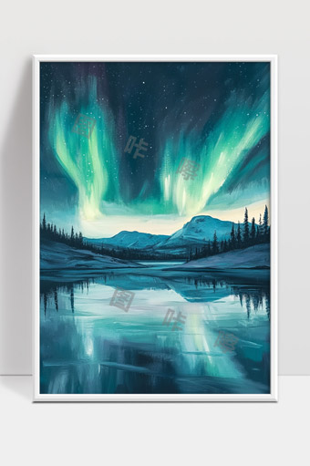 极光映照下宁静山川湖泊夜景梦幻画面