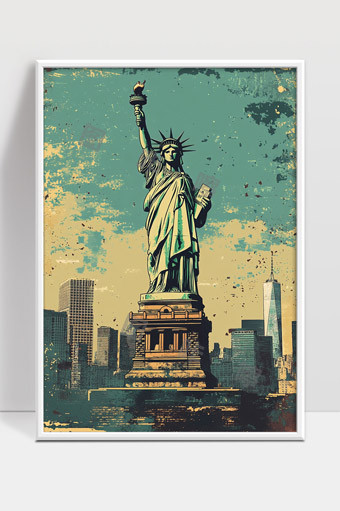 纽约自由女神像复古风格城市天际线背景艺术画