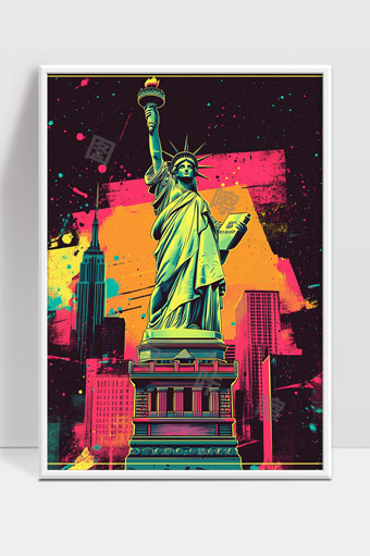自由女神像与纽约城市霓虹风艺术画作