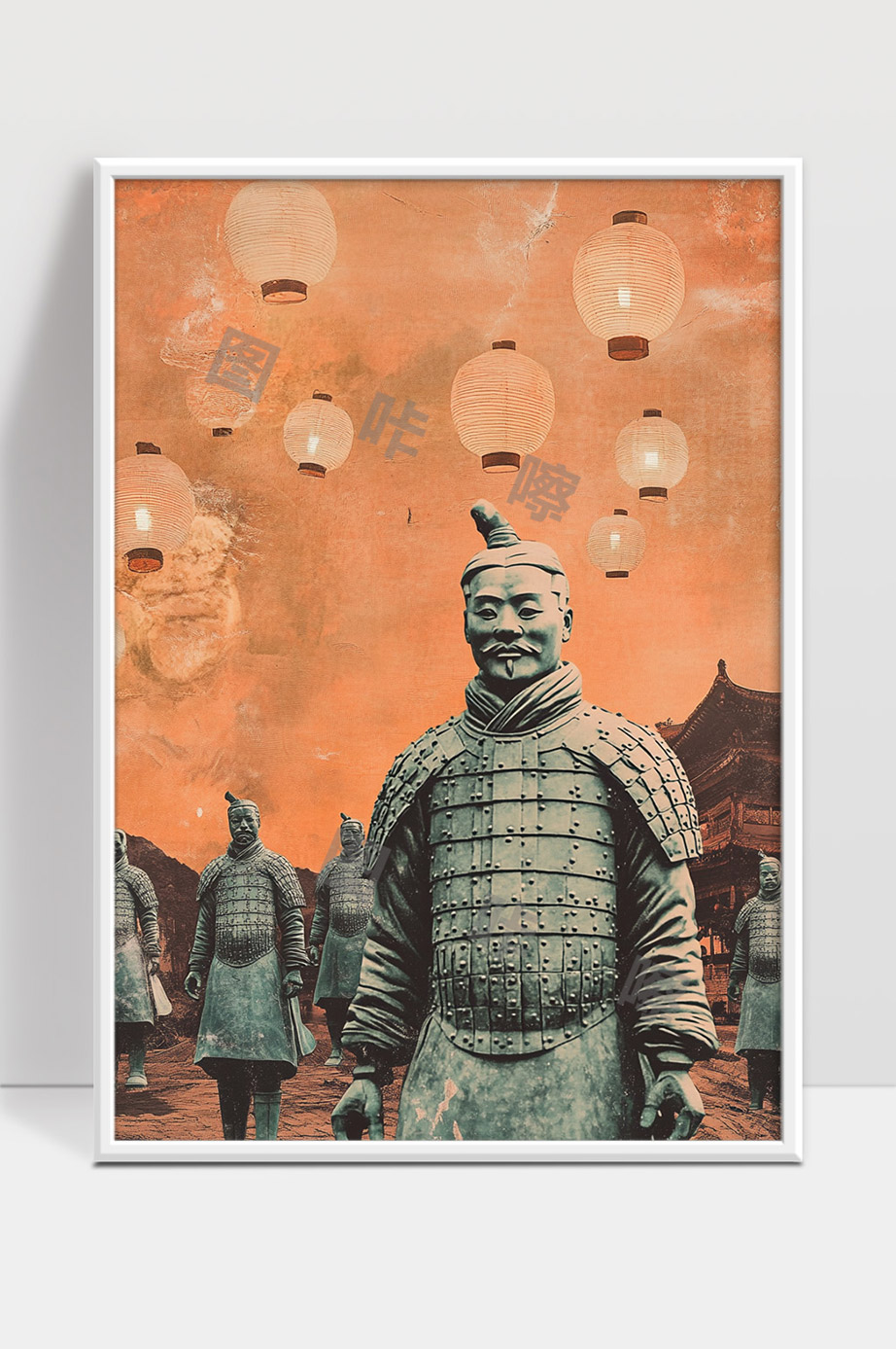 兵马俑雕塑与古代建筑灯笼中秋文化风情