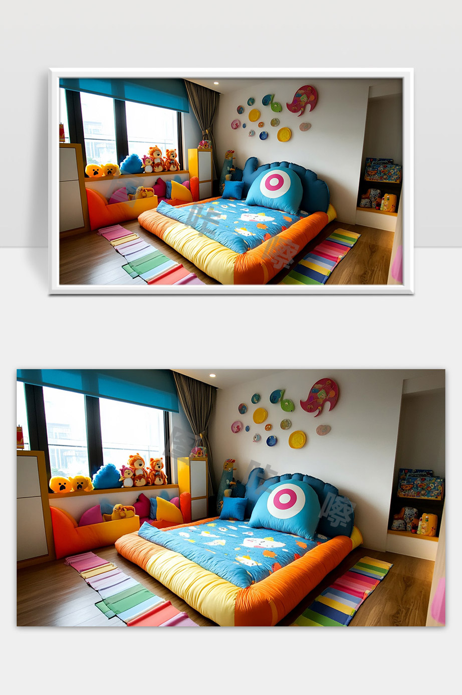 儿童卧室温馨舒适卡通风格多彩布艺软床设计