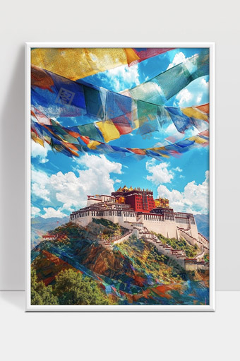 蓝天下布达拉宫与五彩经幡映衬的美丽风光