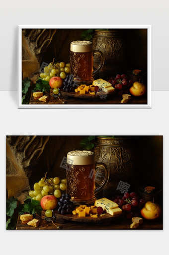 乡村风格浓郁啤酒与水果奶酪美食静物摆盘