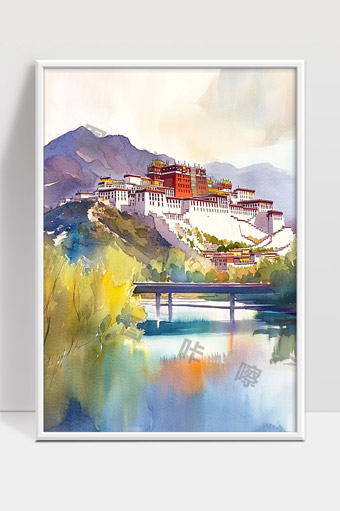 布达拉宫水彩画藏区自然风光与文化建筑展示