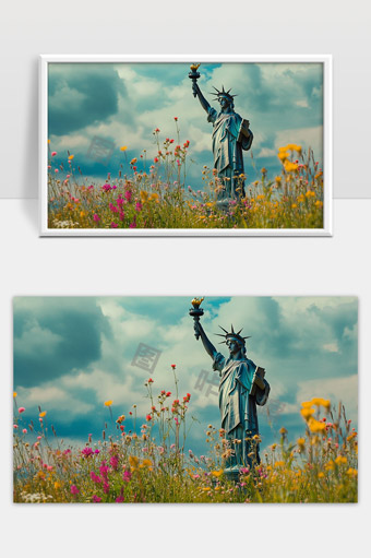 自由女神像与野花绚丽春天景色
