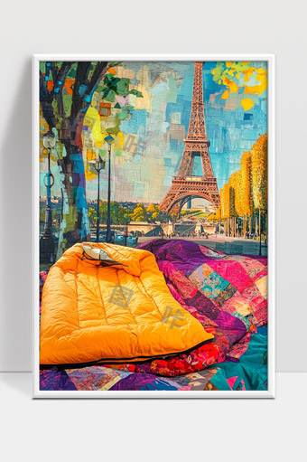 巴黎埃菲尔铁塔近景秋日露营睡袋色彩斑斓绘画