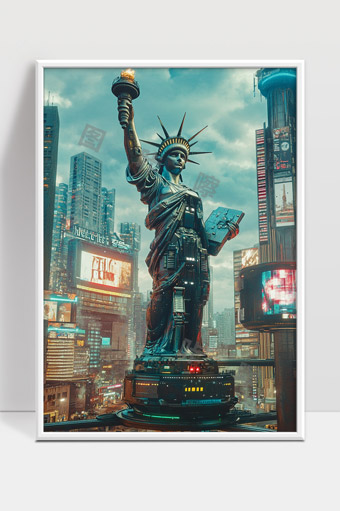未来科技风格的机械自由女神像夜景城市