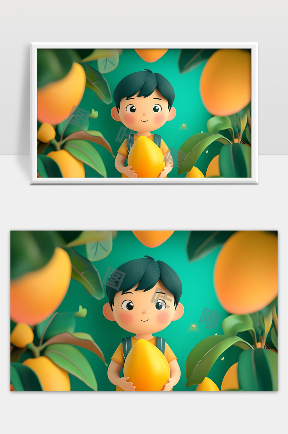 卡通男孩抱着大芒果果园中丰收景象