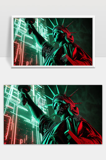 自由女神像夜景科技感未来数字都市
