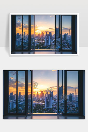 落日余晖映照现代城市高楼大厦美丽风光