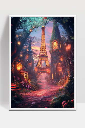 童话梦幻巴黎埃菲尔铁塔森林夜景灯光