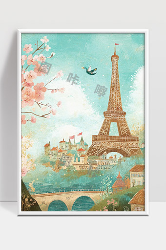 春日浪漫巴黎埃菲尔铁塔与樱花美景绘画