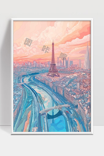 巴黎埃菲尔铁塔黄昏时分城市风光唯美绘画